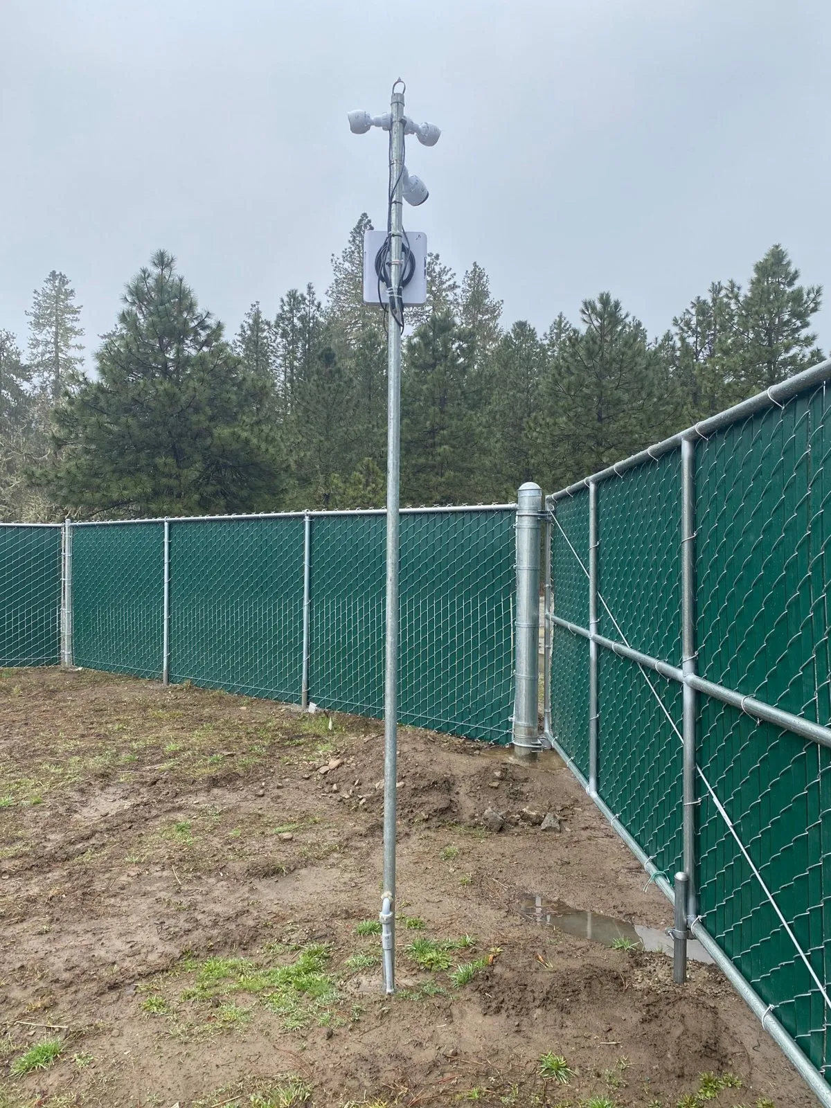 Two security cameras and a weatherproof PoE switch mounted on a steel pole beside a chain-link fence