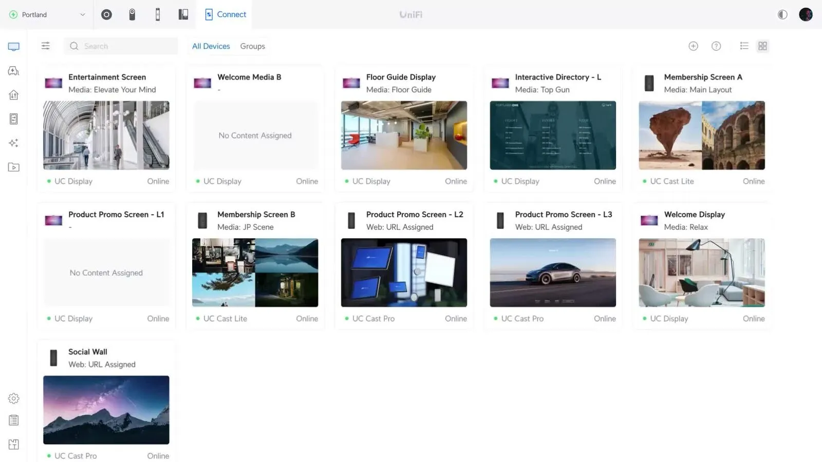 UniFi Connect dashboard listing digital signage displays, each with a thumbnail of its current content