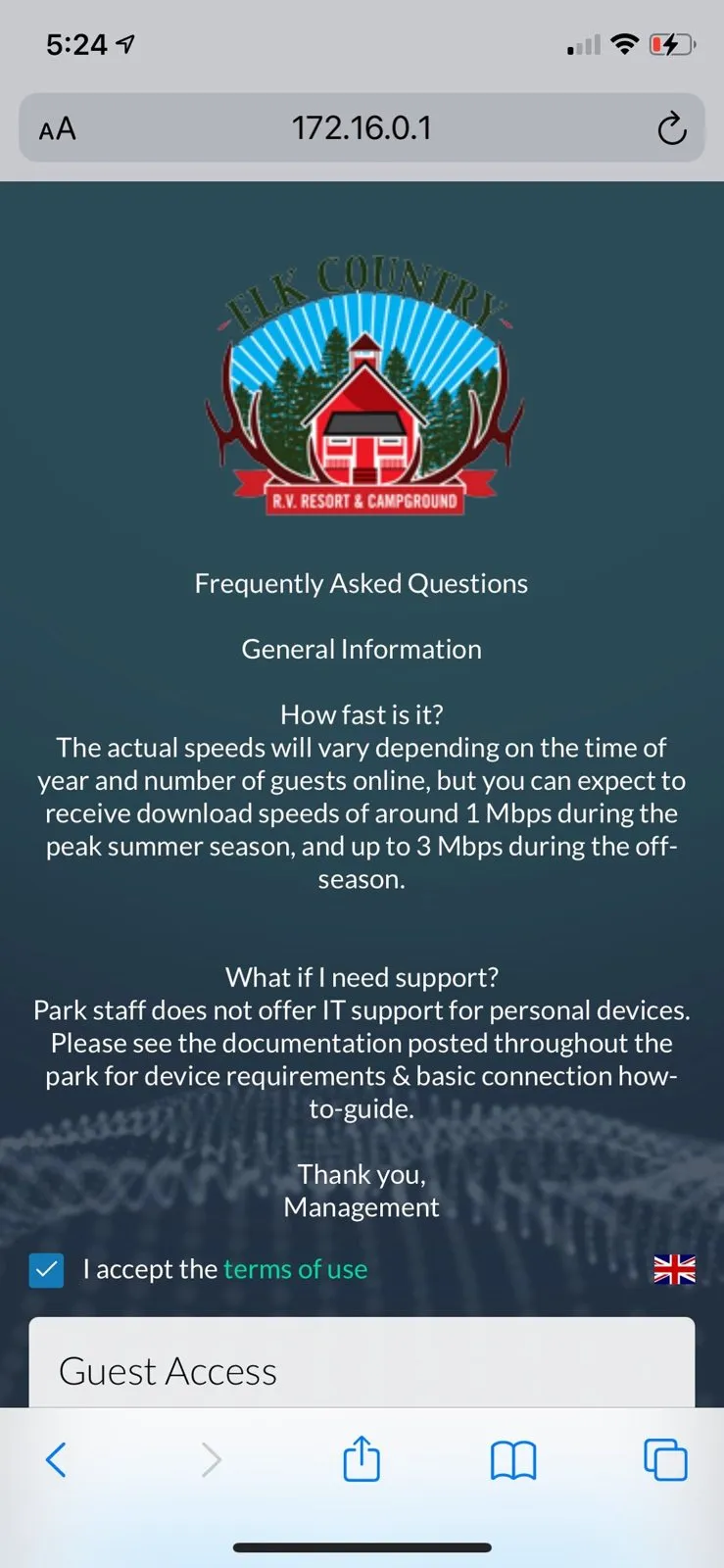 Elk Country RV Resort’s guest Wi-Fi sign-in page on a phone, with the resort logo, FAQs, a terms-of-use checkbox and a Guest Access sign-in