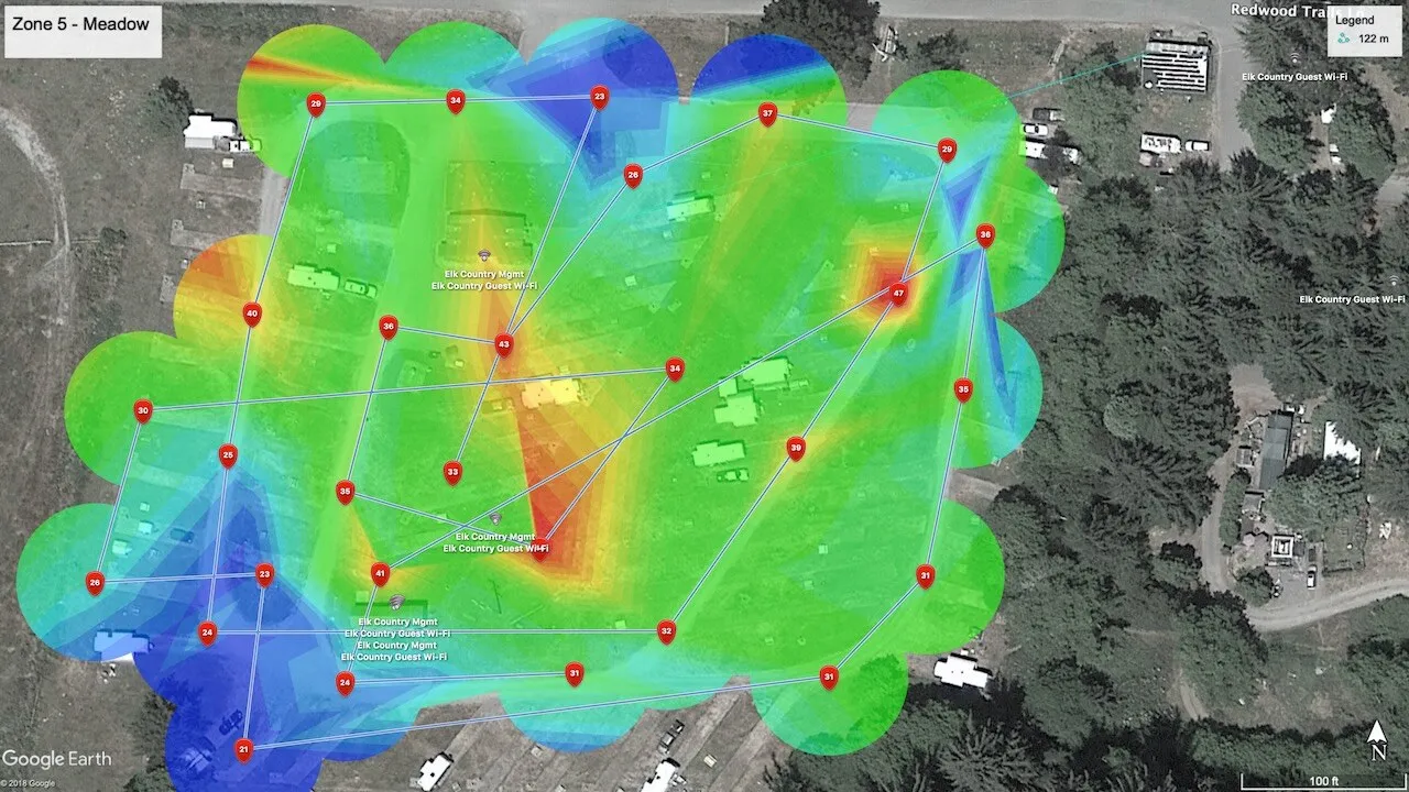 Wi-Fi survey heatmap over an aerial view of an RV park section labelled Zone 5 – Meadow: numbered measurement points joined by survey paths, with signal strength shaded from red and green to blue, and access points labelled Elk Country Mgmt and Elk Country Guest Wi-Fi
