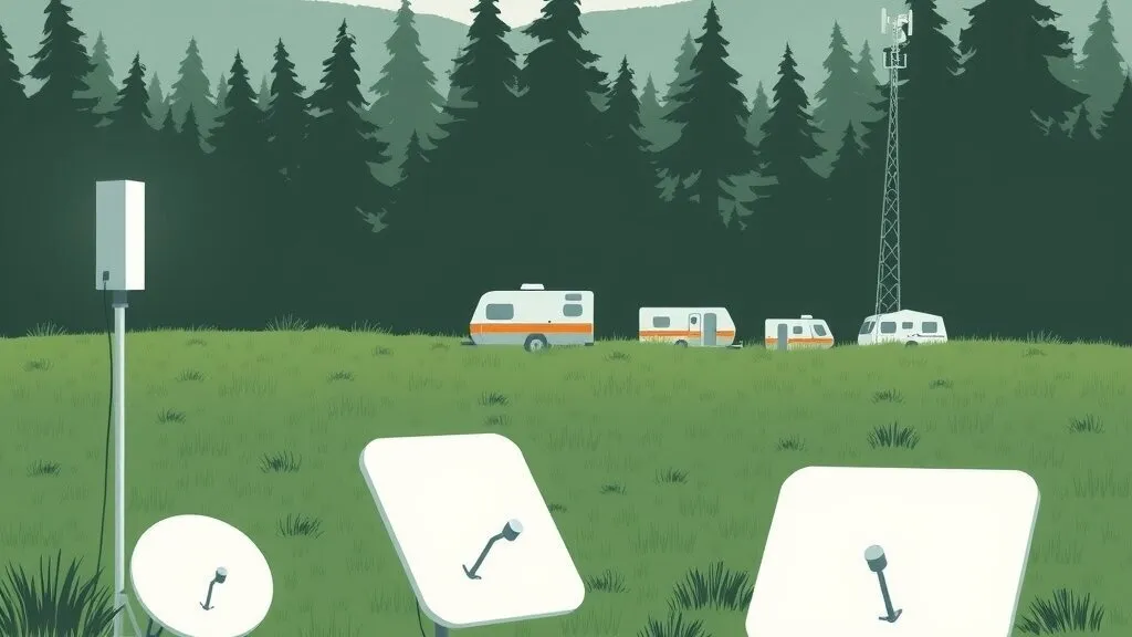 Illustration of three flat satellite dishes on ground mounts in a grassy clearing, with a cellular antenna mast, small camping trailers and a dark conifer forest behind