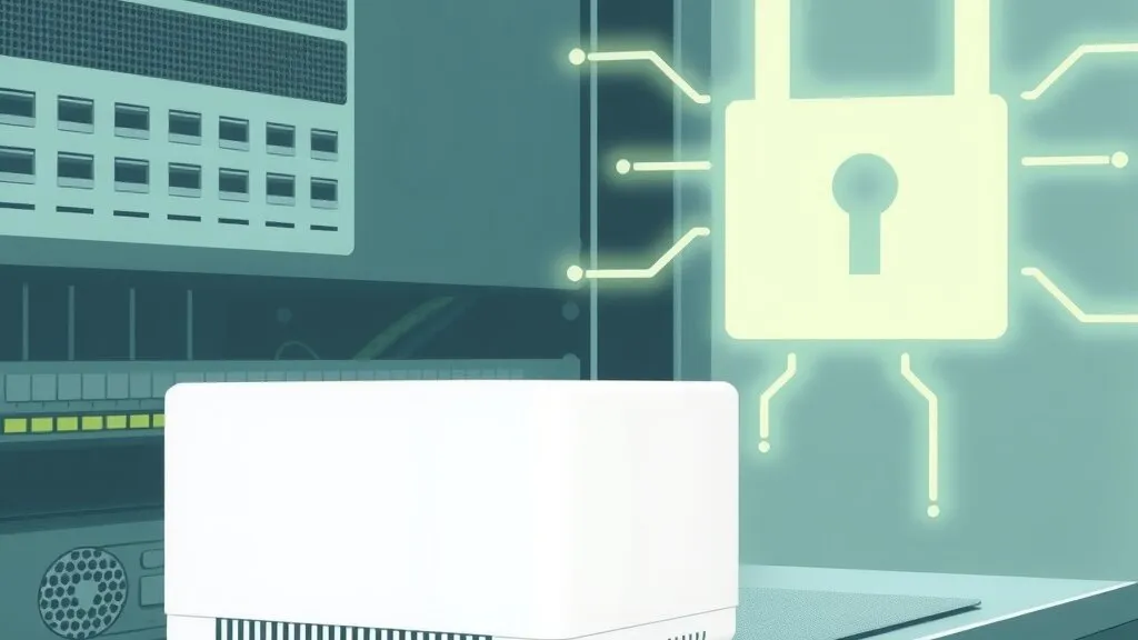 Illustration of a small white box on a rack shelf in front of network equipment, with a glowing padlock and circuit lines on the wall behind it