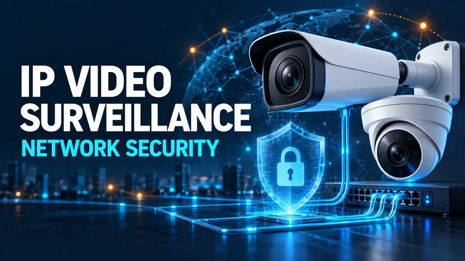 Two IP surveillance cameras connected to a network switch beside a glowing shield and padlock, with text reading “IP Video Surveillance — Network Security.”