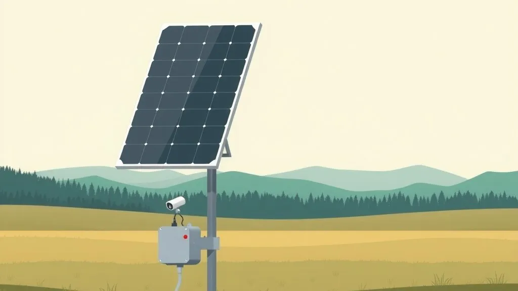 Illustration of a tilted solar panel on a metal pole with a small white camera and a gray battery box mounted below it, in a dry grass field with forested hills behind