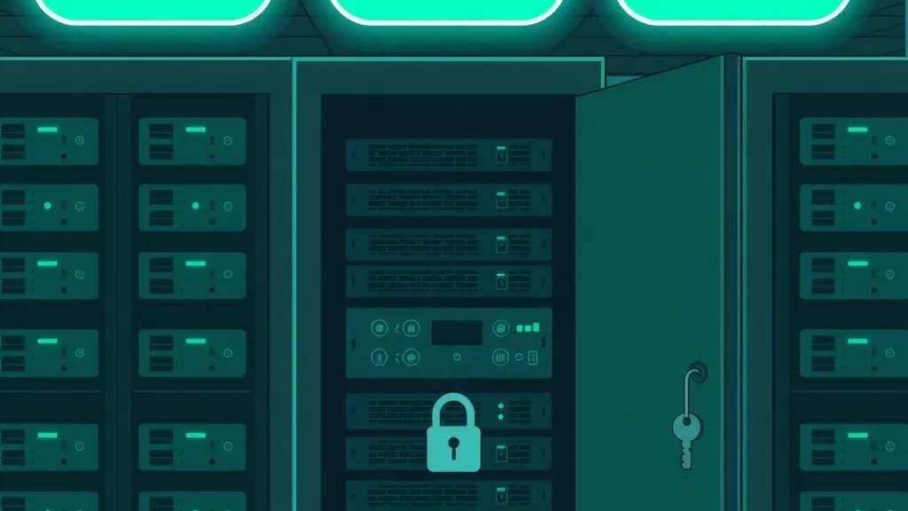 Illustration of rows of dark server racks lit in teal, with one cabinet door standing open, a padlock on the rack inside and a key hanging from the door