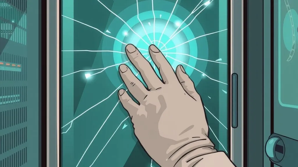 Illustration of a gloved hand pressed against a cracked glass cabinet door that glows teal where the cracks meet, with server equipment on either side