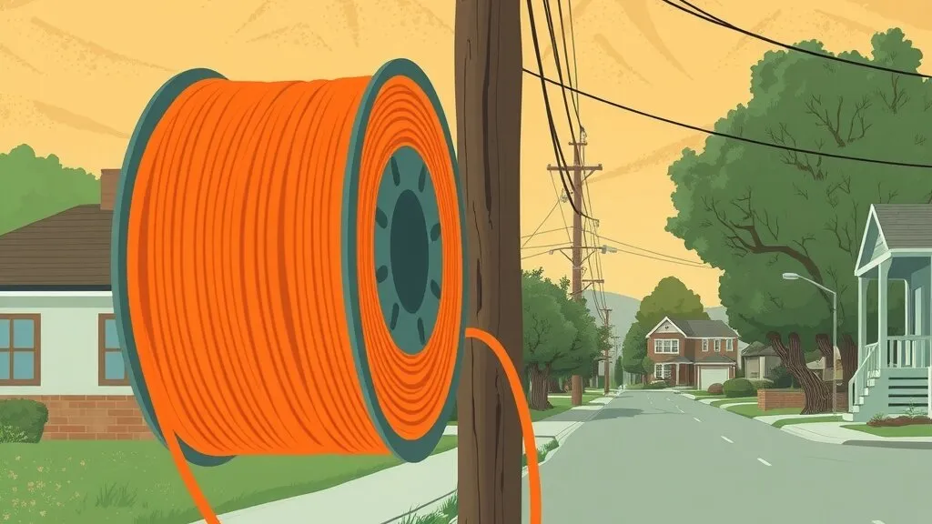 Illustration of a large spool of orange cable mounted beside a wooden utility pole on a tree-lined residential street, with houses and power lines under a pale yellow sky