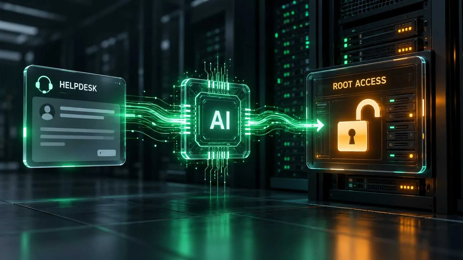 AI processor connects a helpdesk ticket to unlocked server root access, illustrating privilege escalation.