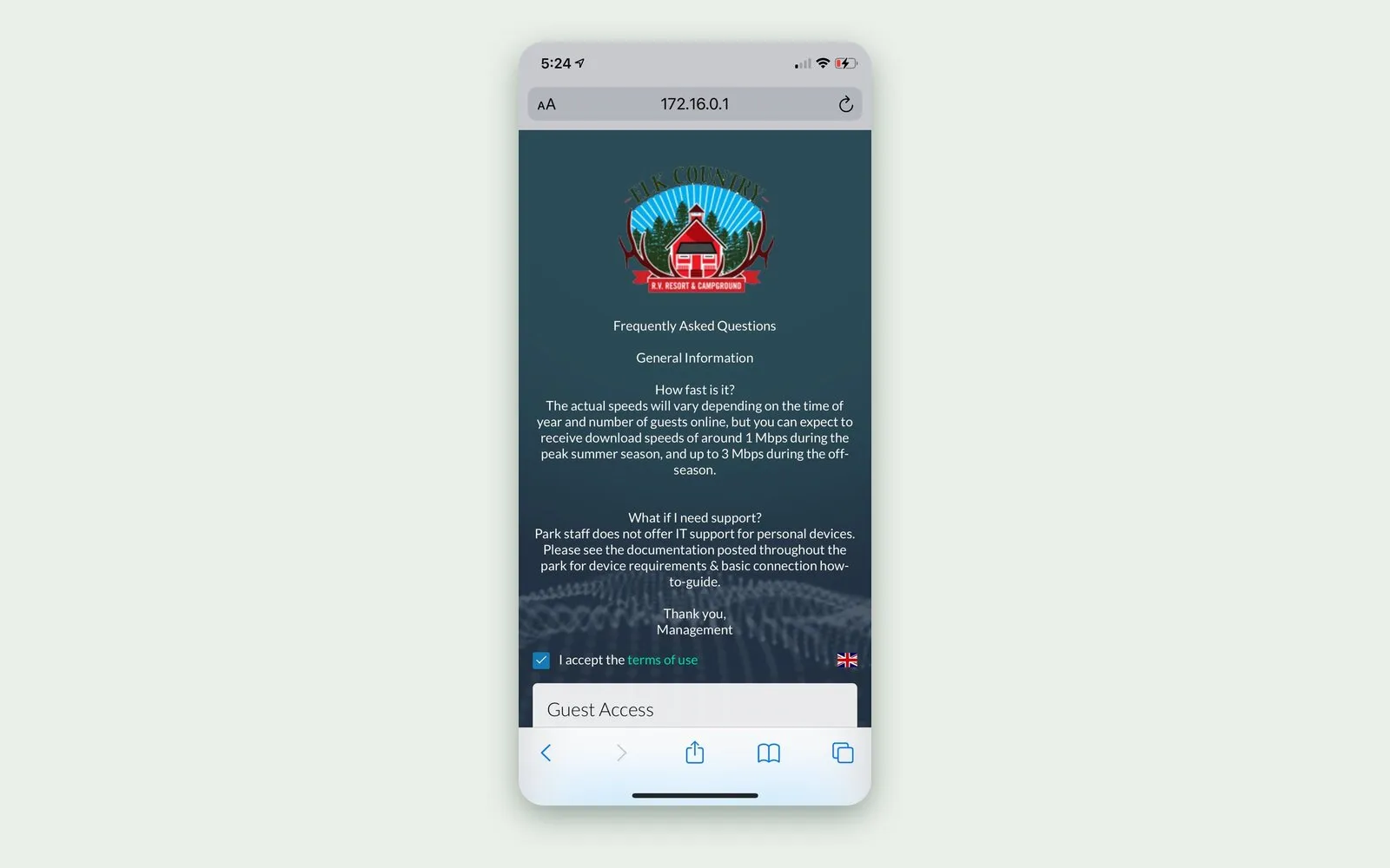 A phone showing the resort’s guest Wi-Fi sign-in page: the Elk Country logo, frequently asked questions about speeds and support, a terms-of-use checkbox and a Guest Access button.