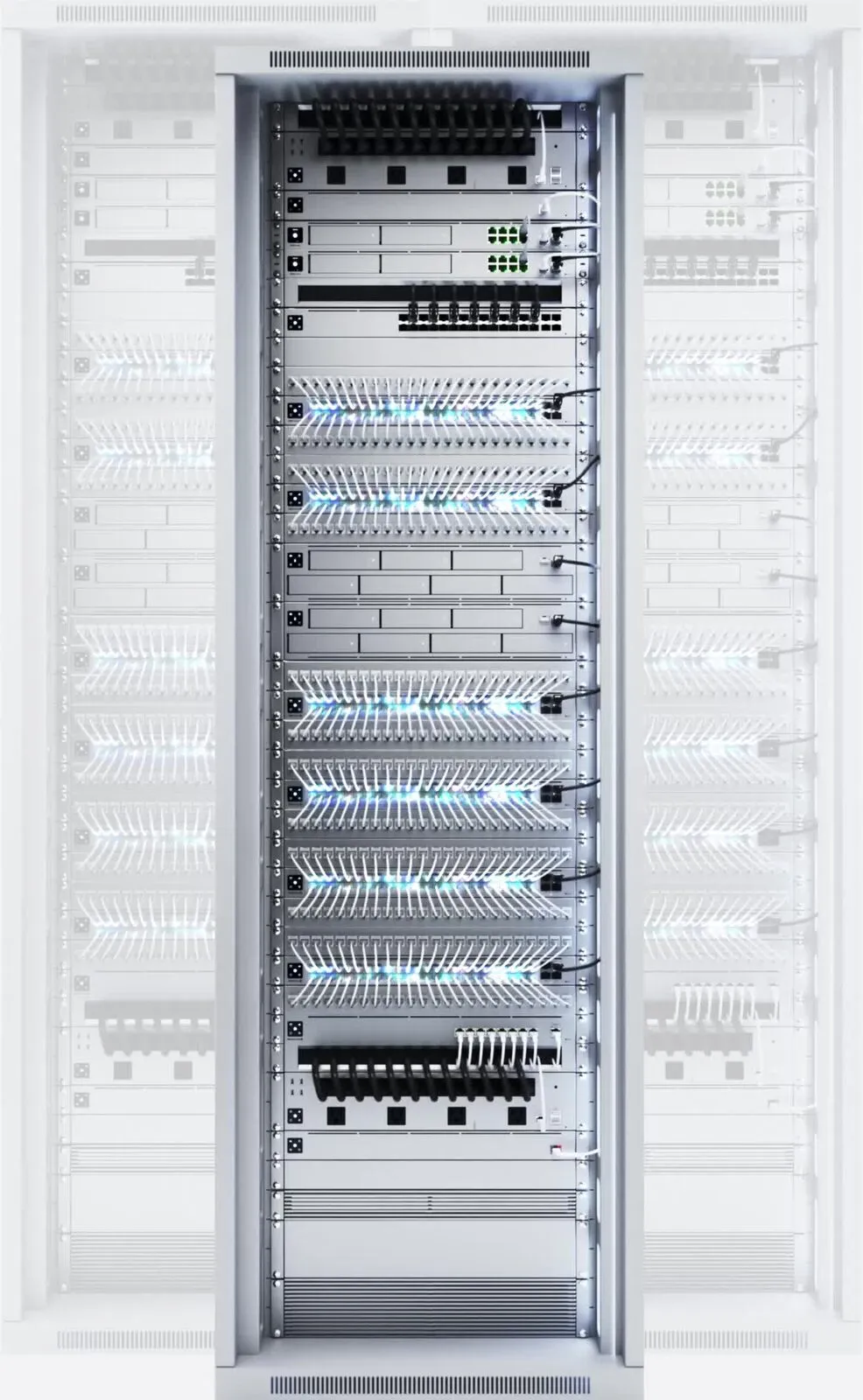 White network rack filled with UniFi switches, patch panels and neatly dressed patch cables