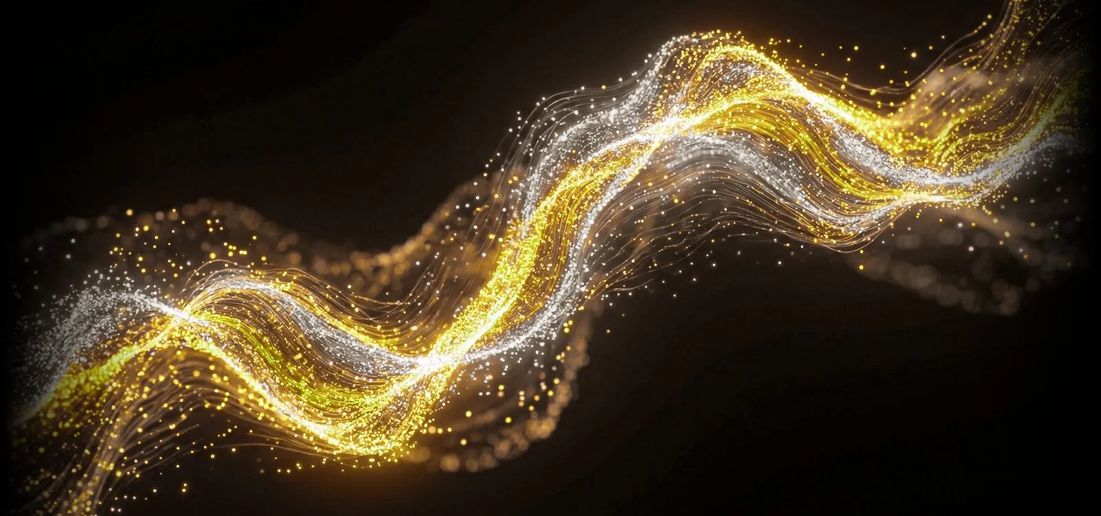 Abstract illustration of many glowing strands of light twisting together into one stream