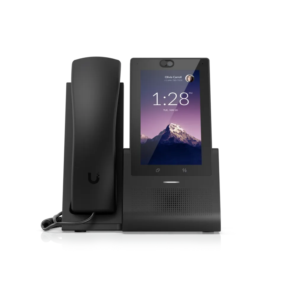 UniFi Talk Touch desk phone with a handset and a color touchscreen