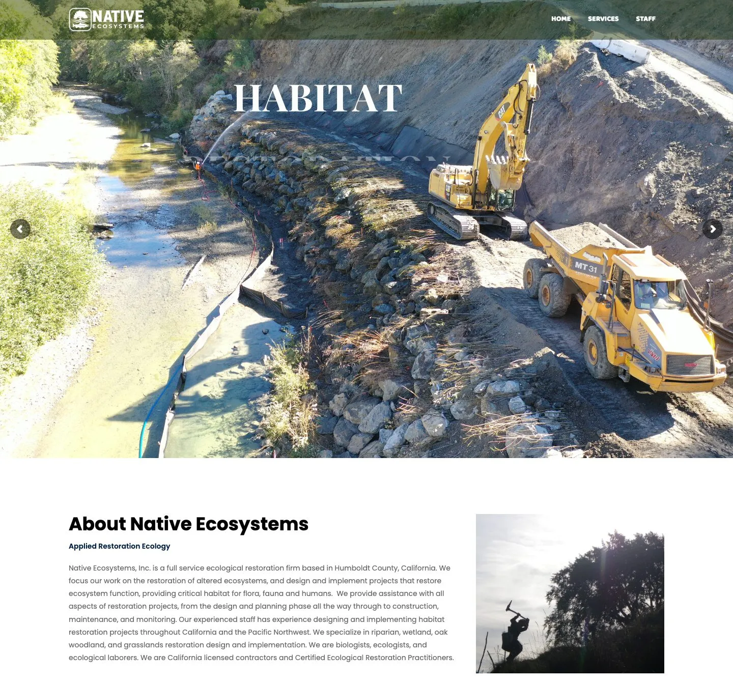 Home page of the Native Ecosystems website: a wide photo of excavators rebuilding a riverbank under the heading “Habitat”, followed by an About Native Ecosystems section