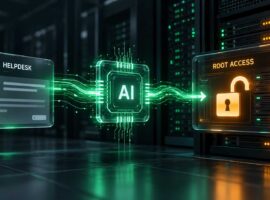 AI processor connects a helpdesk ticket to unlocked server root access, illustrating privilege escalation.