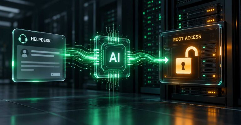 AI processor connects a helpdesk ticket to unlocked server root access, illustrating privilege escalation.
